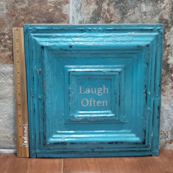 Turquoise Distressed Laugh Often Tin Metal on Wood Frame Hanging Wall Decor - Picture 7 of 11